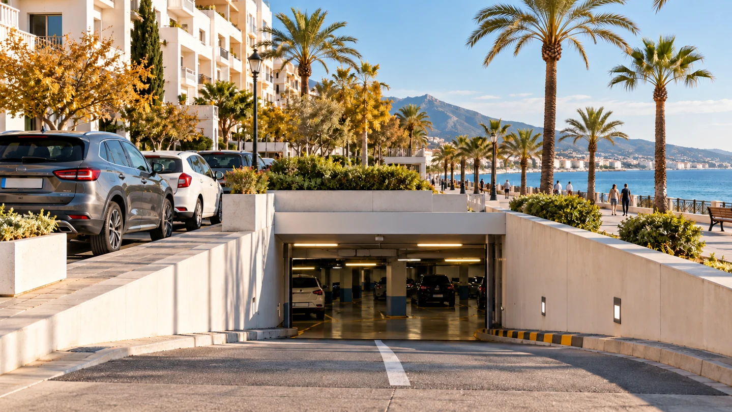 AI-generated illustration. A fictional Mediterranean parking setting; not the actual Telpark car park or offer.